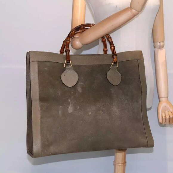 GUCCI Bamboo Hand Bag Suede Khaki Gold 002 1186 0259 Auth - Picture 1 of 16